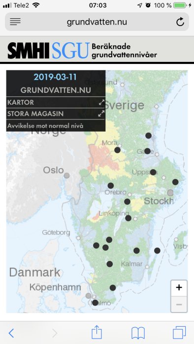 Karta från grundvatten.nu visar avvikelser i grundvattennivåer i Sveriges stora magasin.