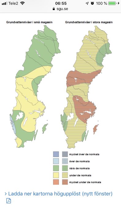 Karta som visar nivåer av grundvatten i Sverige, indelat i små och stora magasin med färgkoder för olika nivåer.