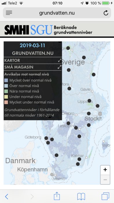 Skärmdump från grundvatten.nu visar en karta över Sverige med färgmarkerade punkter som indikerar grundvattennivåer.