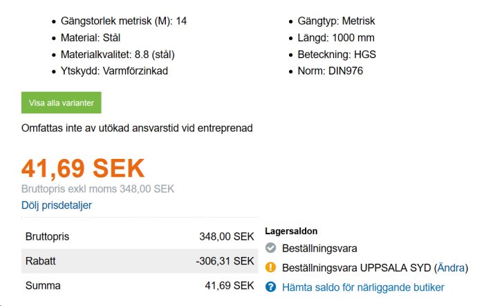 Screengrab av produktsida visar pris och specifikationer för varmförzinkad stålbult, ej lagerlagd.