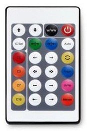 Fjärrkontroll för LED-list med färgade knappar för RGB-styrning.