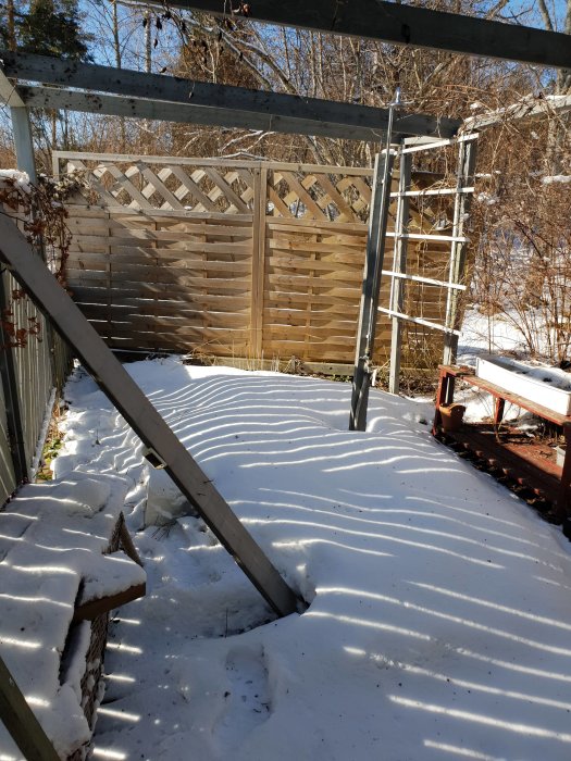 Solbelyst, snötäckt yta på ca 16 kvm omgiven av trästaket och armeringsjärn, med potential för utedusch och pergola.