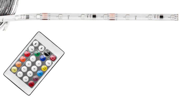 LED-strip med märkta kontakter VCC, GND, DIN samt fjärrkontroll med flera färgknappar.