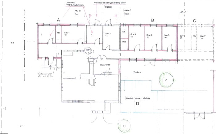 Arkitektritning över en våningsplanslösning med sovrum, korridor, WC och trapp till källare.