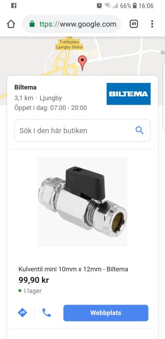 Kulventil mini 10mm x 12mm för att tillfälligt stoppa vattenflödet.