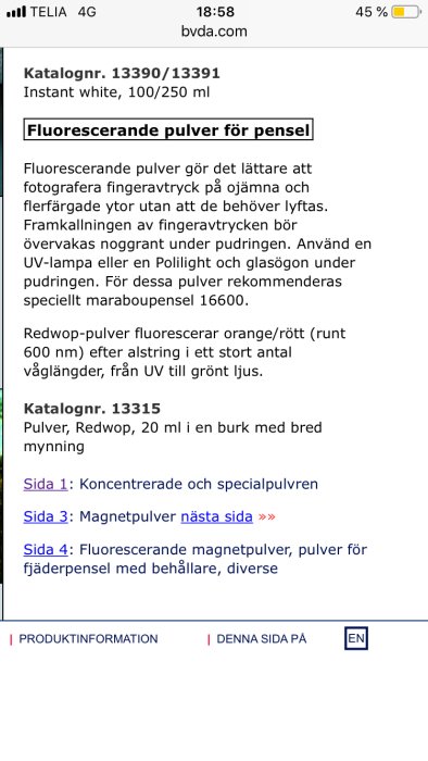 Skärmdump av en webbsida med information om fluorescerande spårsäkringspulver för fingeravtryck.