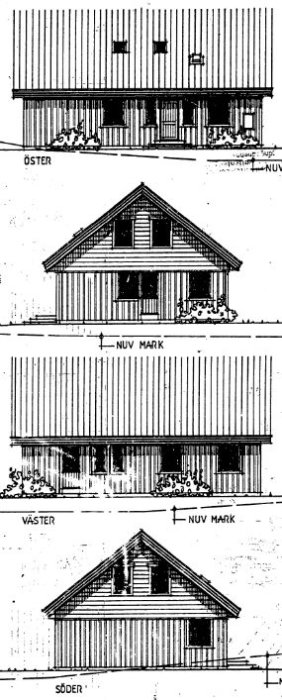 Fasadritning av ett hus från 1982 med planerade takkupor, visar öster, väster, och södersidan.