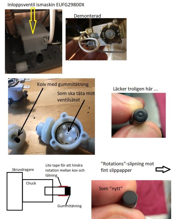 Kollage av ismaskinventilens demontering, rensning och reparation, inklusive tätningsslipning.