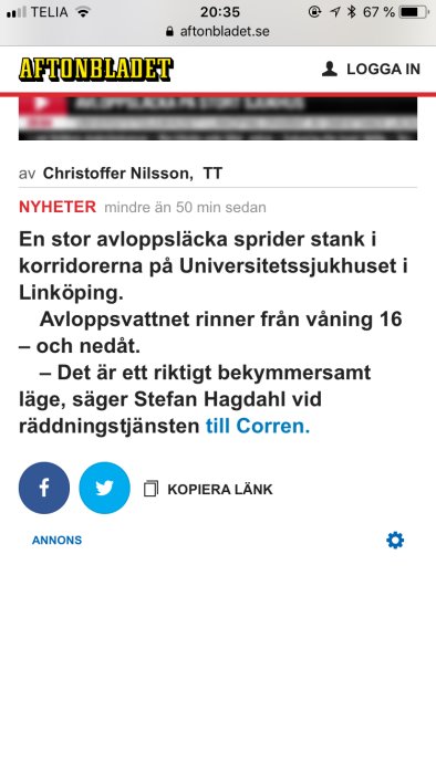 Skärmdump från Aftonbladet med nyhetsartikel om avloppsläcka på sjukhus.