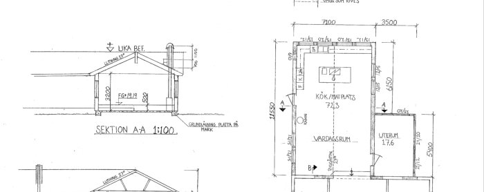 Ritningar av en husutbyggnad med sektion AA och planvy, inkluderar dimensioner och layout för kök och vardagsrum.
