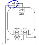 Teknisk ritning av en strömbrytare och kopplingsschema för Plejd DIM-02 enhet.