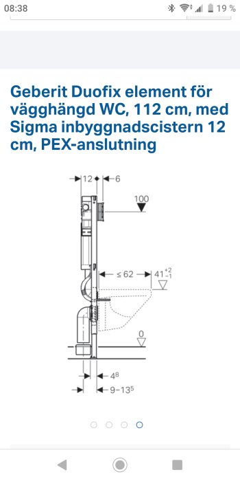 Teknisk ritning av Geberit Duofix för vägghängd WC med måttangivelser.