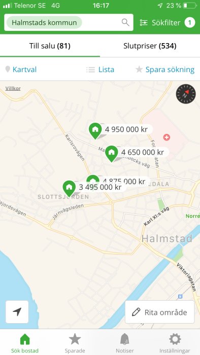 Skärmbild av en karta över Halmstads kommun med markerade bostadspriser.