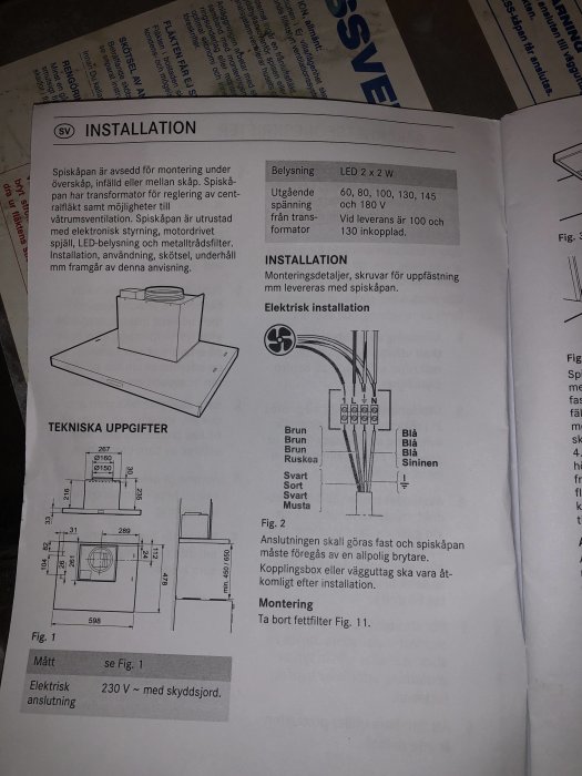 Installationsanvisning för köksfläkt med tekniska specifikationer, diagram och elanslutningsschema.