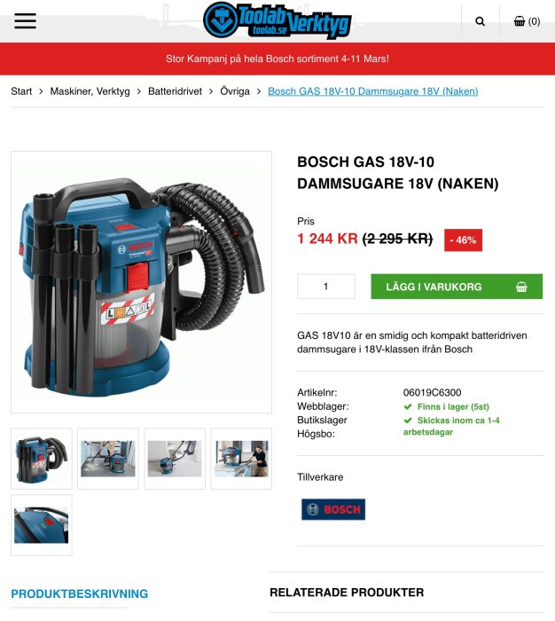 Bosch GAS 18V-10 sladdlös dammsugare utan batteri, avsedd för verktygsrengöring, visas med pris och rabatt.