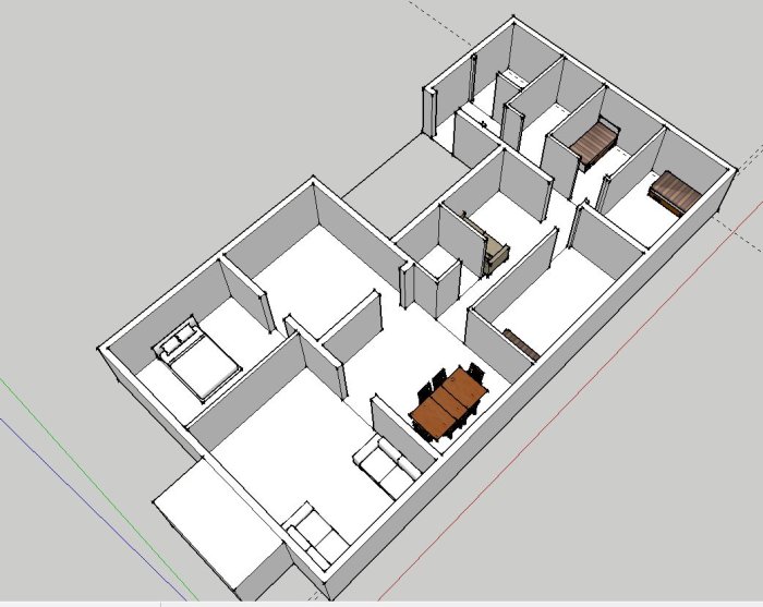 3D-skiss av husplan med korridor, rum layout, källartrappa och matplats nära uteplats.