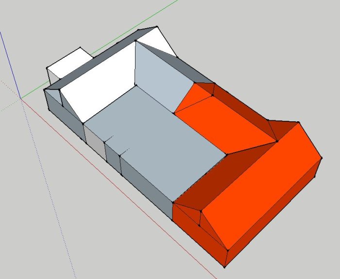 3D-skiss av ett hus med planlösning som inkluderar korridor längs uteplats och våtrumsdelar.