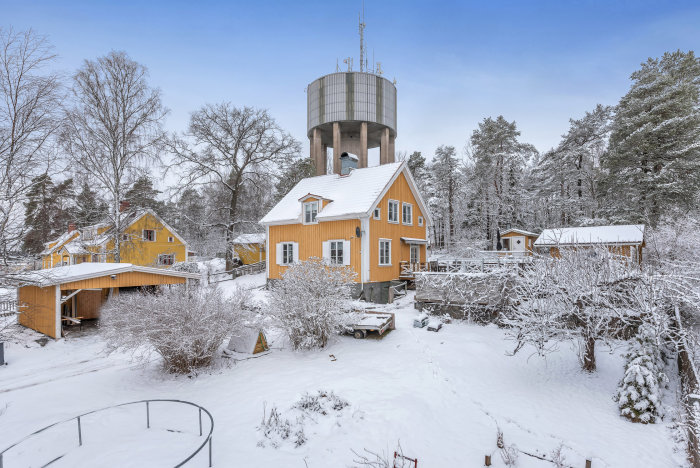 Vinterlandskap med ett gult hus i förgrunden och ett stort vattentorn i bakgrunden omgivet av snötäckta träd.