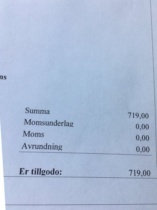 Kvitto som visar en återbetalning med summan 719 kronor och noll kronor i moms.