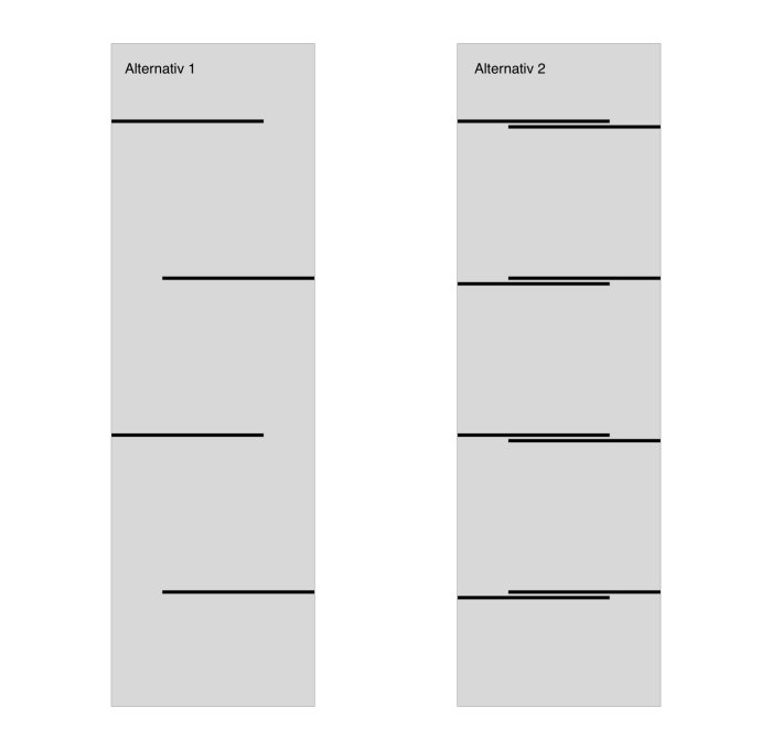 Schema över två alternativ för armeringsplacering i betong med etiketterna Alternativ 1 och 2.