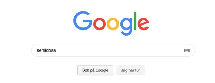 Google-sökfält med nyckelordet 'senilidosa' visat, symbol för sökning och turknapp.