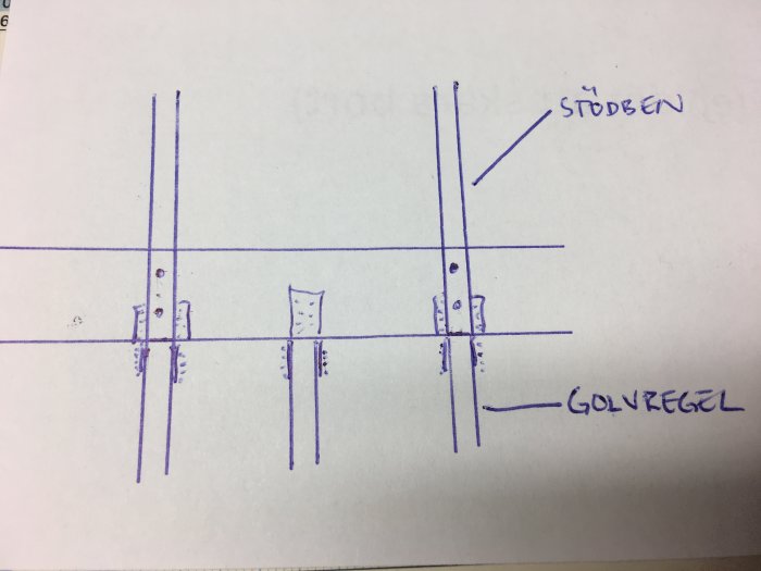 Handritad skiss av bjälklagskonstruktion med förstärkning för badrumsgolv.