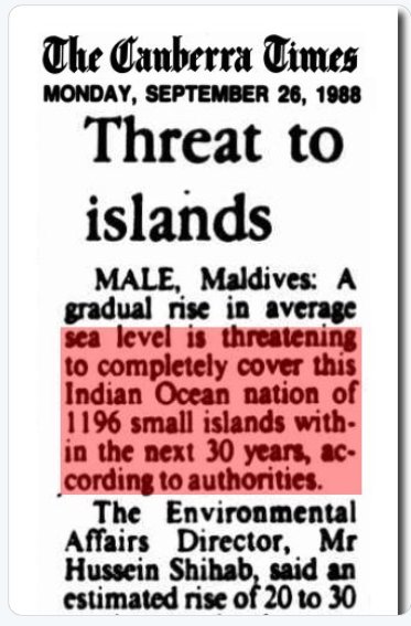 En tidningsartikel från "The Canberra Times" 1988 om hotet mot Maldivernas öar på grund av stigande havsnivåer.