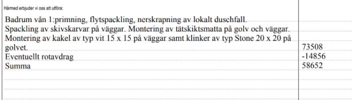 Skärmdump av offert för badrumsrenovering med arbetsmoment och kostnader, inklusive ROT-avdrag.