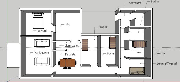 Ritning över en bostadsplanlösning med etiketterade rum såsom kök, vardagsrum och sovrum.