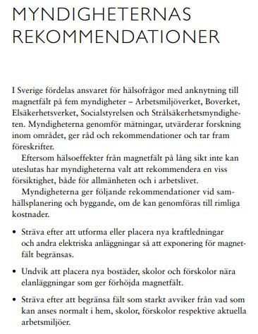 En sida från en broschyr med texten "MYNDIGHETERNAS REKOMMENDATIONER" som listar riktlinjer om magnetfält och elsäkerhet.