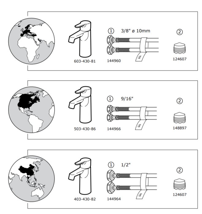 Diagram visar blandare med softpex-rör i olika dimensioner, 3/8", 9/16" och 1/2", anslutna till kulventiler.