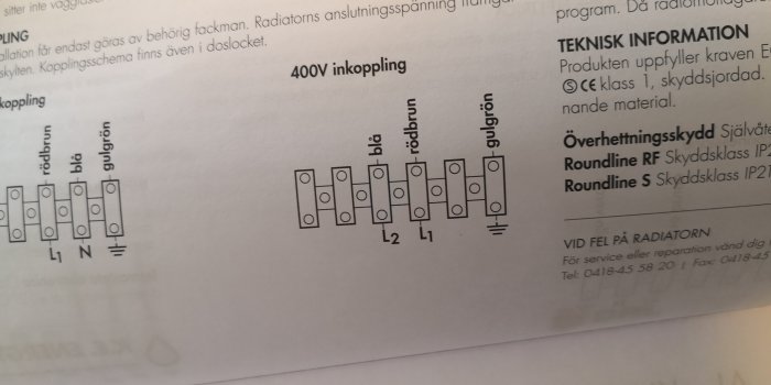 Kopplingsschema för 400V inkoppling av el-element med färgmarkerade kablar och terminaler.