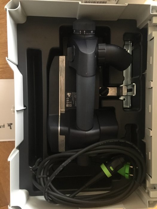 Ny Festool EHL 65 EQ Plus hyvel i systainer, oanvänd och välorganiserad med synlig kvittolapp.