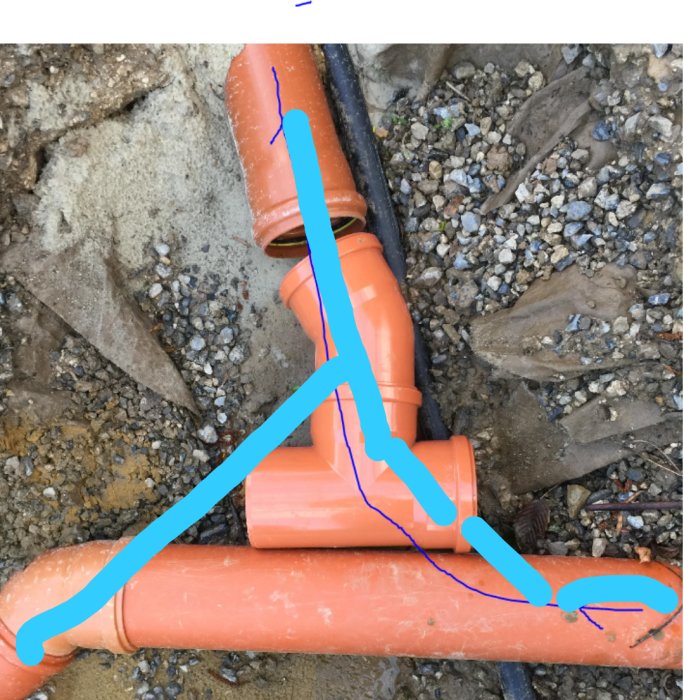 Orange byggplaströr med blå markeringslinjer på grusig mark, som visar ett VVS-arbete under konstruktion.