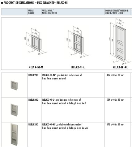 Produktblad visar Lux Elements prefabricerade nischer i olika storlekar med mått och designskisser.