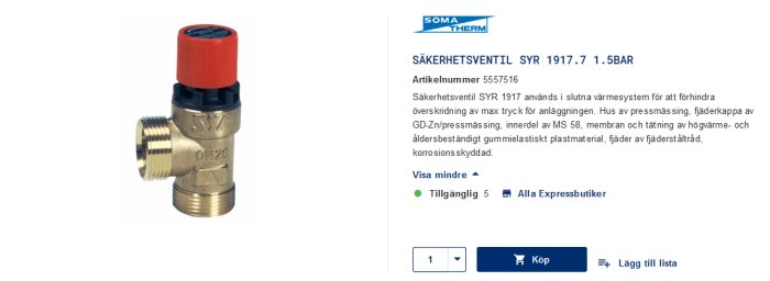 Säkerhetsventil SYR 1917 med röd reglagetopp och mässingskropp för värmesystem, visas i en onlinebutik.