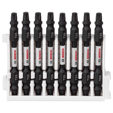 Ett set med Bosch T25 torx-bits i olika storlekar förvarade i en vit hållare.