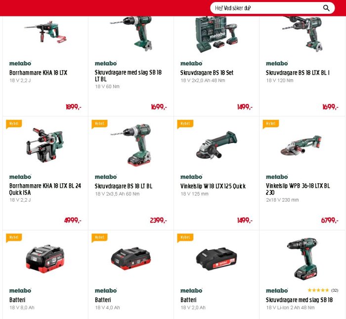 Kollage med Metabo elverktyg inklusive borrmaskiner, skruvdragare och batterier, med priser och tekniska specifikationer.