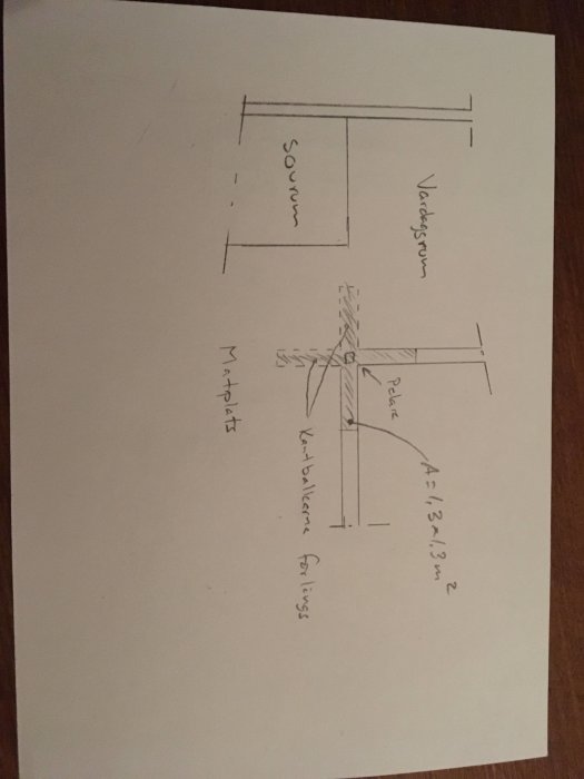 Handritad skiss av byggprojekt med dimensioner och rum benämnda 'Sovrum' och 'Vardagsrum'.