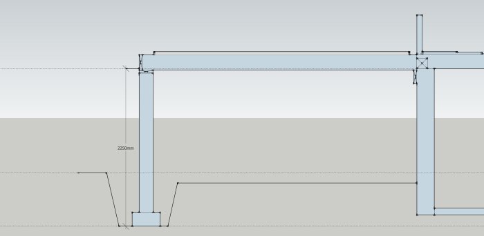 2D-skelettvy av husutbyggnad ritad i Sketchup med måttangivelser