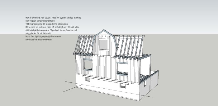 3D-modell av ett hus skapad i Sketchup med synliga bjälklag och öppen sidovägg för utbyggnad.