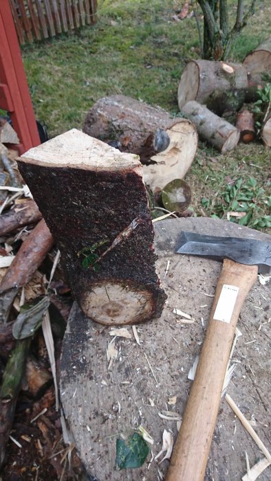 Yxa och såg bredvid nyligen kluven vedkubb på en hög med fler stockar och grenar.