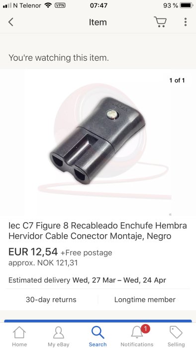 IEC C7 kvinnlig kontakt, även känd som "figure-8" kontakt, svart, till salu på eBay.