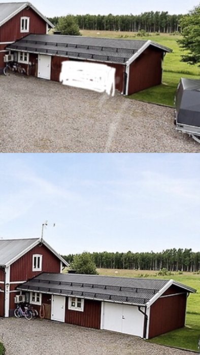 Lantligt rött hus med utbyggnad som delas i en garage och groventré/bastu-del, omgiven av grusuppfart.