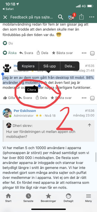 Skärmdump av ett diskussionsforum på mobilen med markerat citatknapp och röd pil som förslag på förbättring.