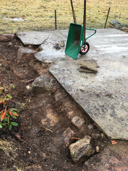 Gammal grundmur och betongplatta med stenblock, skottkärra och grävverktyg syns på tomten.