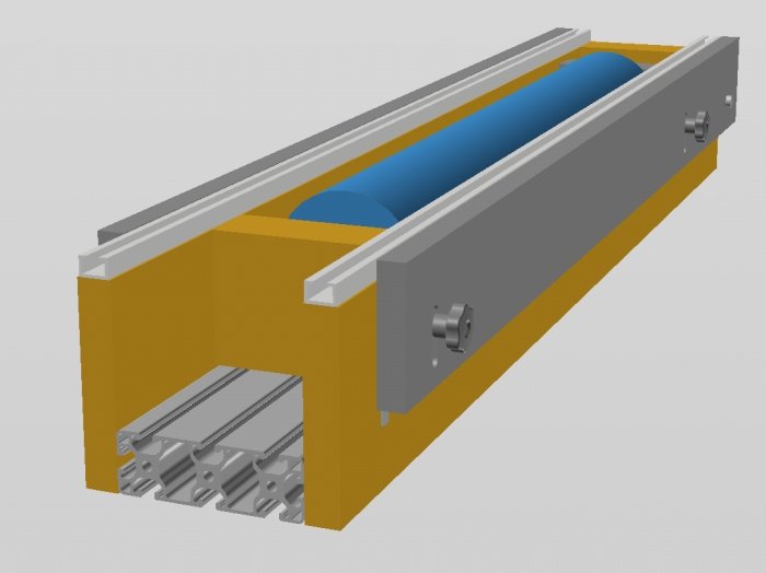 CAD-screendump av tidig design för en maskinkomponent med blå rulle och grå profilstrukturer.