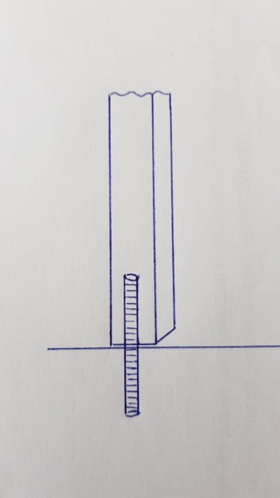 Schematisk handritad skiss som visar en stolpe med föreslagen infästning i ett betonggolv med en rostfri stång.