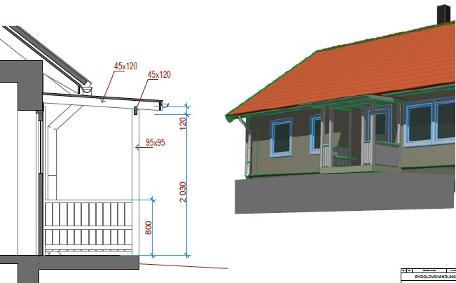 Ritningar av en farstukvist, vänster med måttangivelser och höger i 3D-perspektiv.