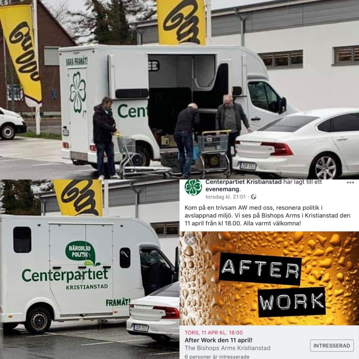 Personer lastar en lastbil märkt med Centerpartiets logotyp, flaggor i bakgrunden, bild kombinerad med inbjudan till evenemang.